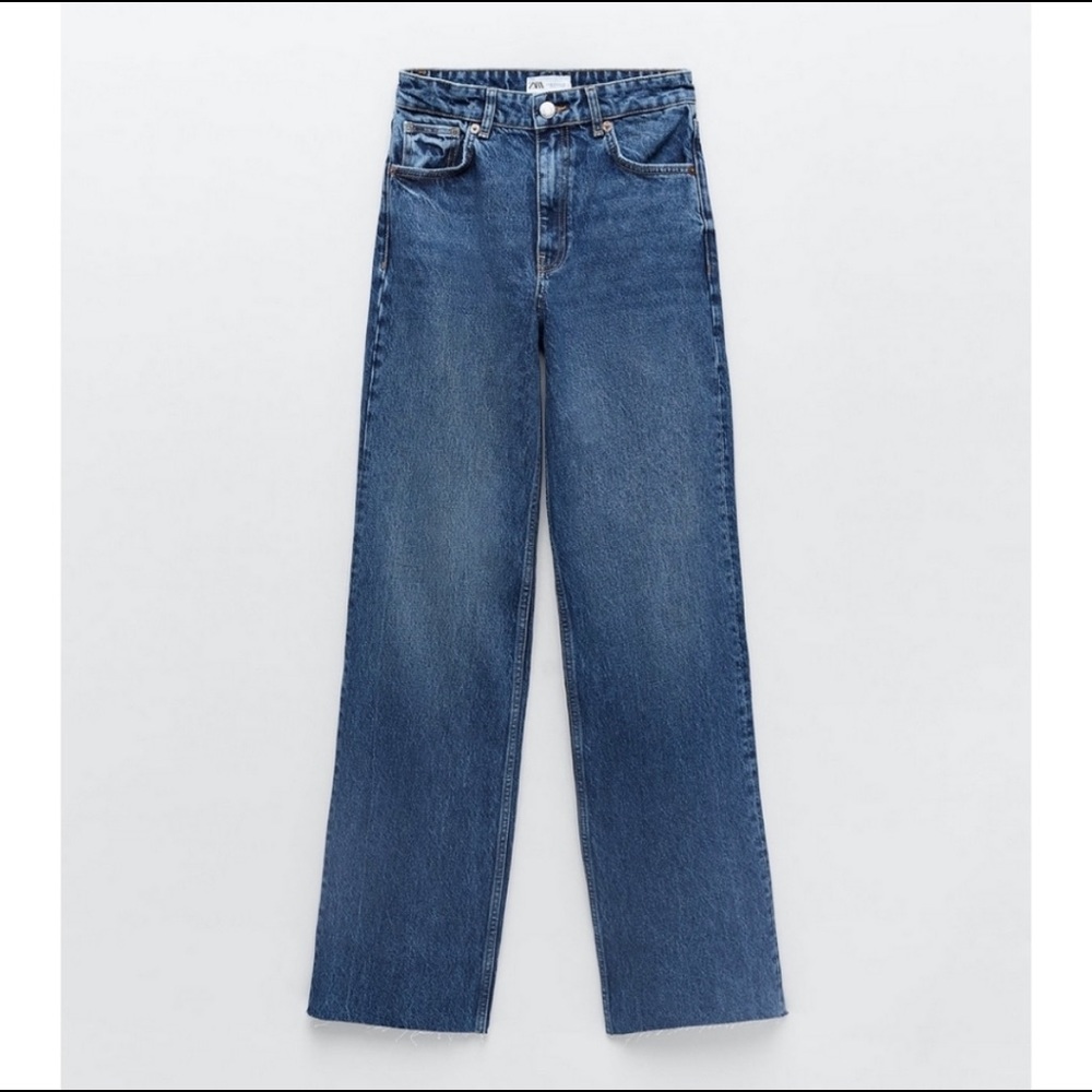 Zara Woman Premium Denim Collection Straight Leg High-Rise Raw Hem Jeans US6